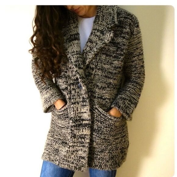 ZARA KNITS Oversized Chunky Knit Cardigan Sweater Ecru Black 3859/131 Sz Small - Picture 1 of 14